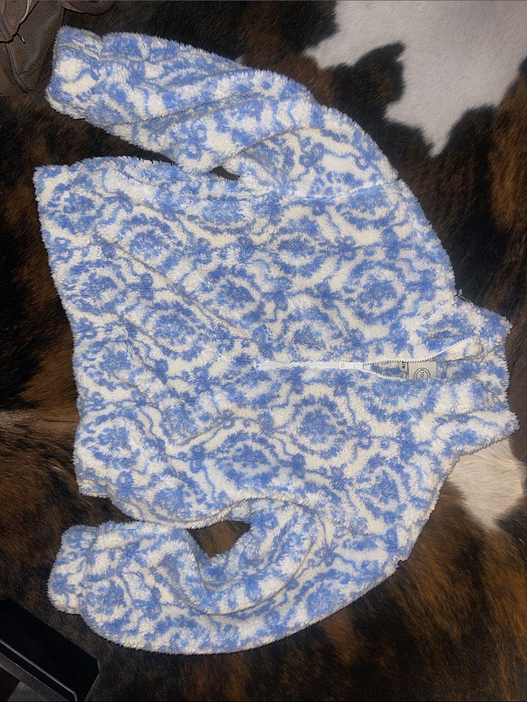 Cozy Blue & Light Peach Bow Fuzzy Zip Cardigan